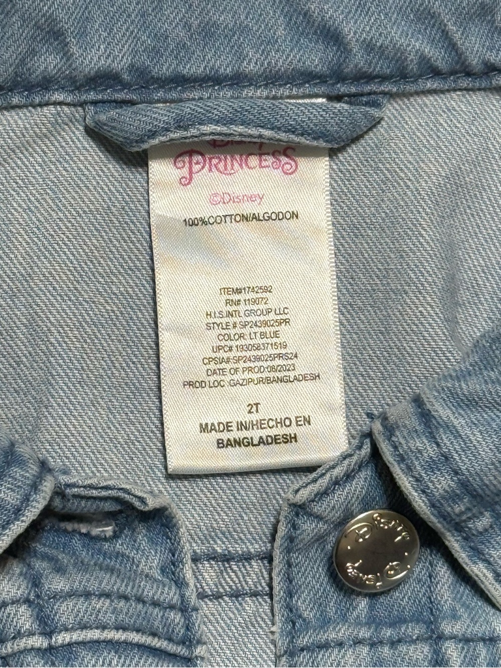 Disney Blue Kids Denim Jacket with‎ Embroidered Graphic size 2T - Picture 3 of 9
